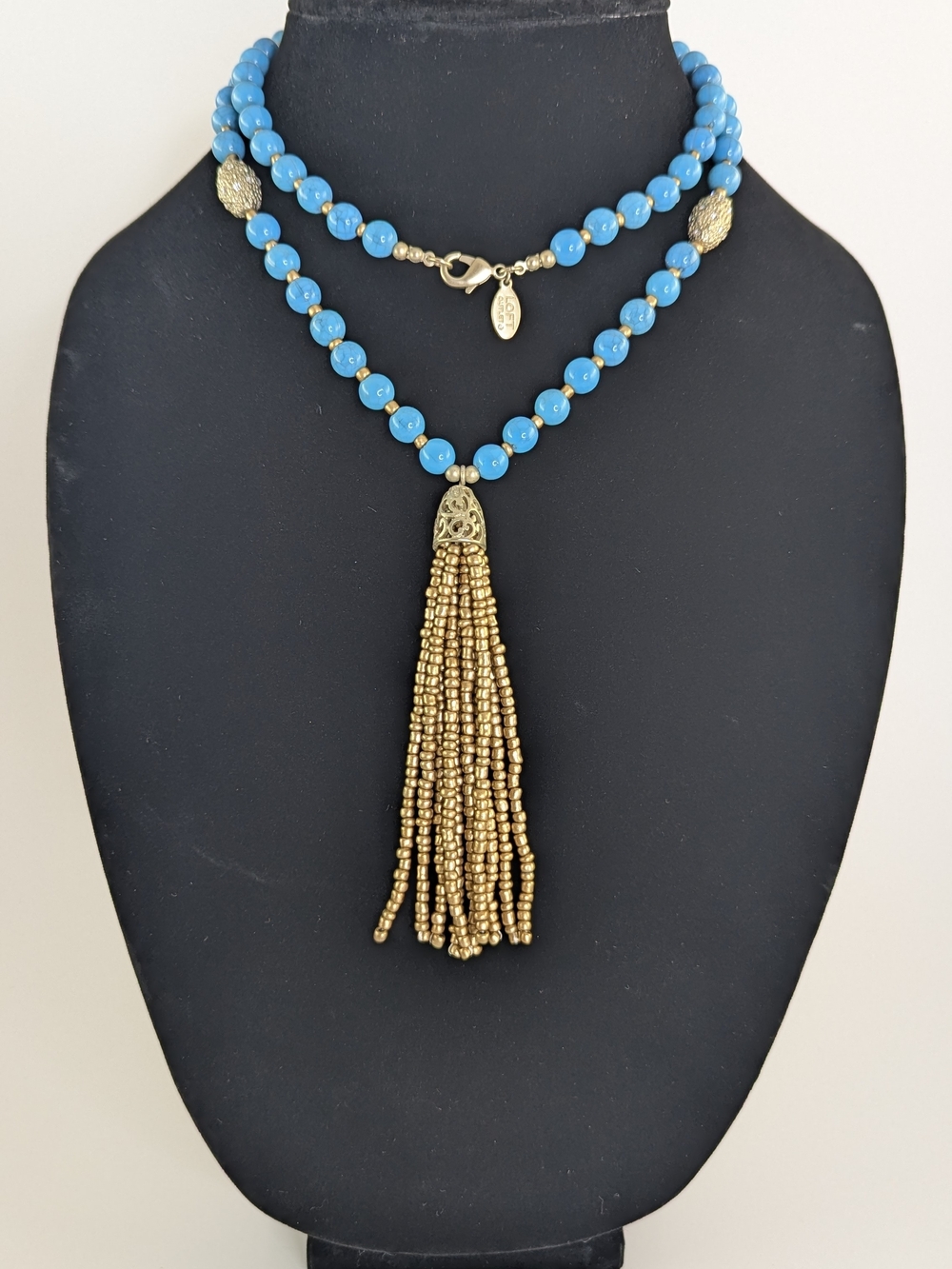 Blue Beaded Double-Strand Necklace with Gold Tassel